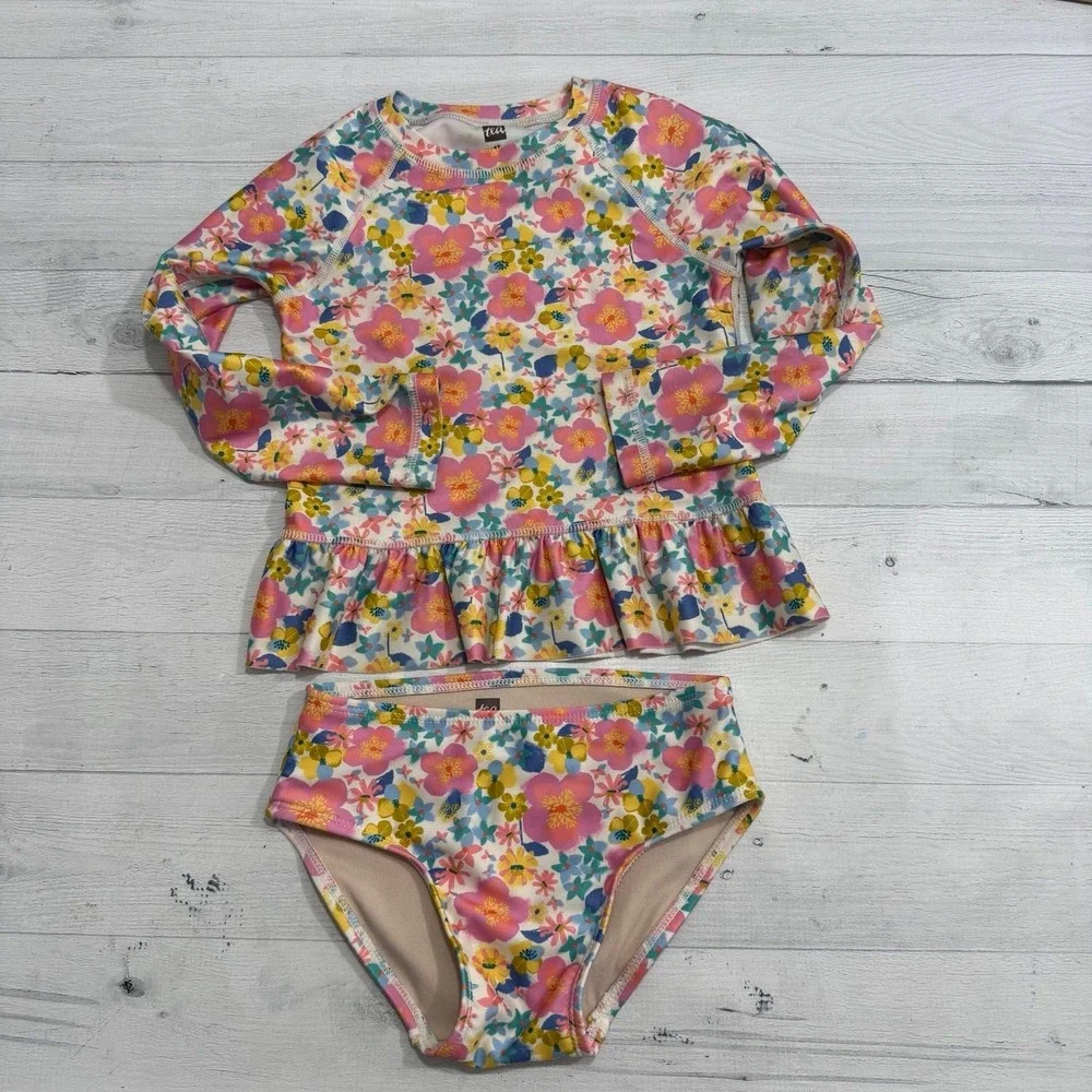 Tea collection girls floral two piece long‎ sleeve rashguard swimsuit size 3